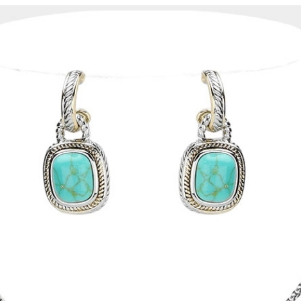 14K Gold Plated Two Tone Rectangle Natural Stone Cluster Pendant Earrings